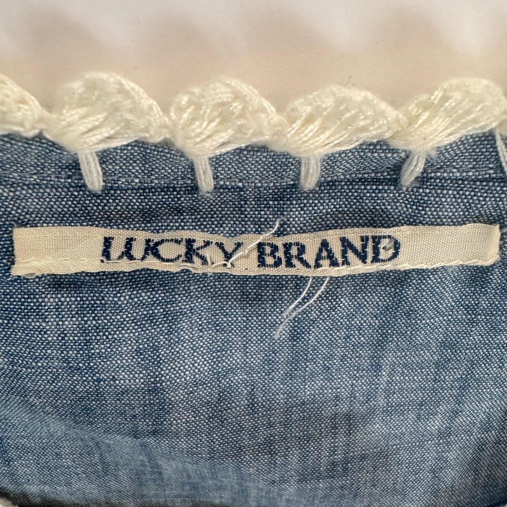 Lucky Brand Boho Gauze Blouse Blue Embroidered Crochet Top Women’s S M - Picture 6 of 9